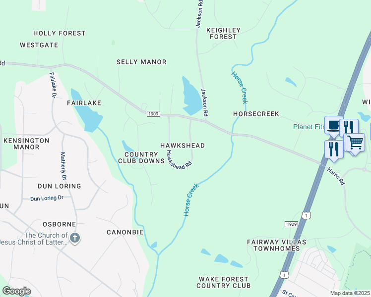 map of restaurants, bars, coffee shops, grocery stores, and more near 8117 Hawkshead Road in Wake Forest
