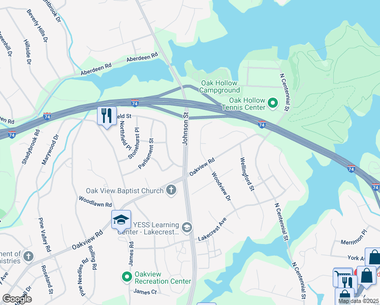 map of restaurants, bars, coffee shops, grocery stores, and more near 3512 Johnson Street in High Point