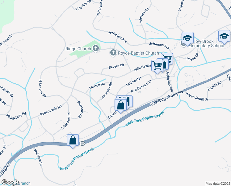map of restaurants, bars, coffee shops, grocery stores, and more near 198 Latimer Road in Oak Ridge