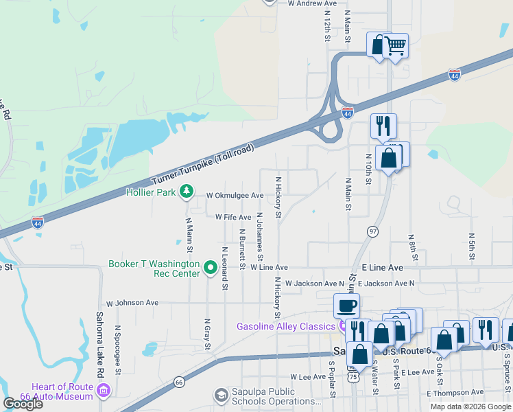 map of restaurants, bars, coffee shops, grocery stores, and more near 615 North Johannes Street in Sapulpa