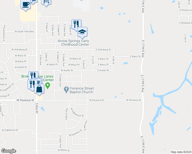 map of restaurants, bars, coffee shops, grocery stores, and more near 4404 South 2nd Street in Broken Arrow
