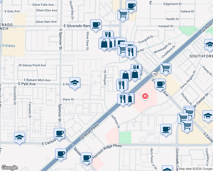 map of restaurants, bars, coffee shops, grocery stores, and more near 10107 Sunset Palisades Way in Las Vegas