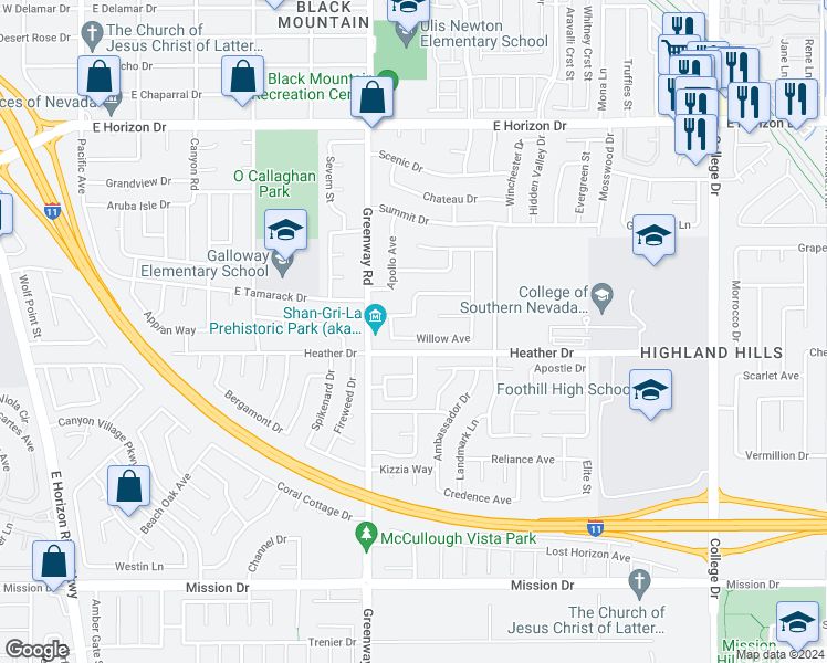 map of restaurants, bars, coffee shops, grocery stores, and more near 751 Willow Avenue in Henderson