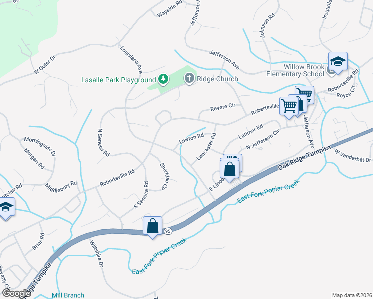 map of restaurants, bars, coffee shops, grocery stores, and more near 145 Lawton Road in Oak Ridge