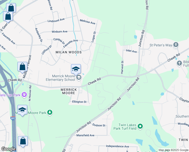 map of restaurants, bars, coffee shops, grocery stores, and more near 2421 Cheek Road in Durham