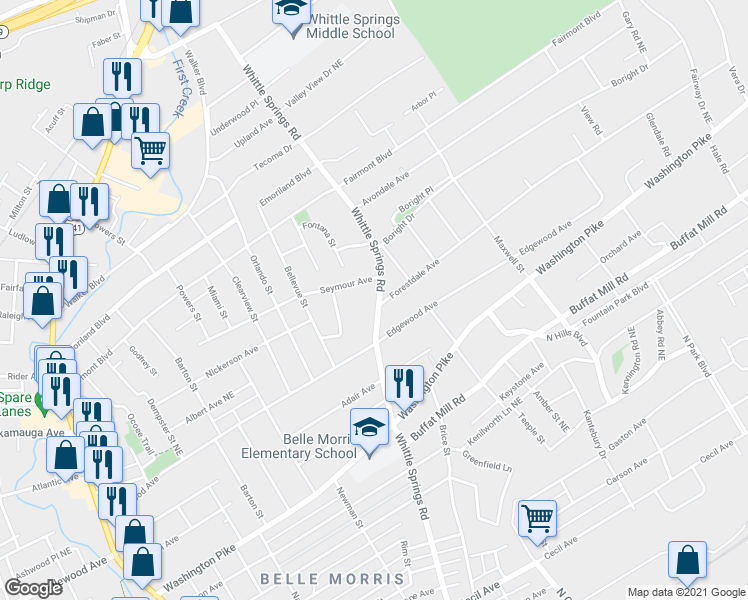 map of restaurants, bars, coffee shops, grocery stores, and more near 3103 Whittle Springs Road in Knoxville