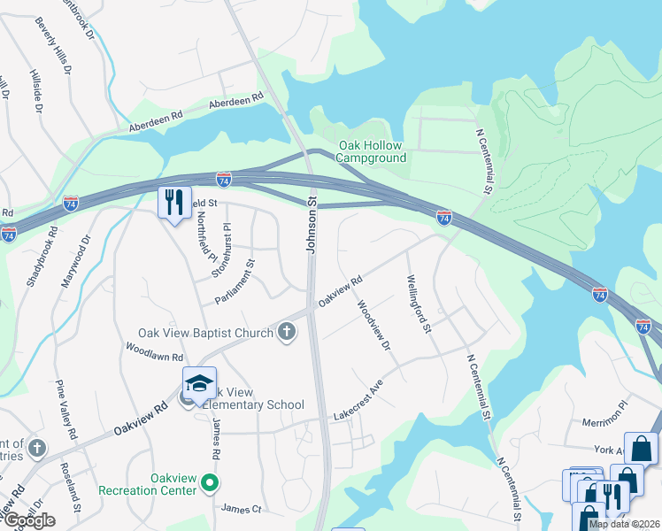 map of restaurants, bars, coffee shops, grocery stores, and more near 3504 Woodview Drive in High Point