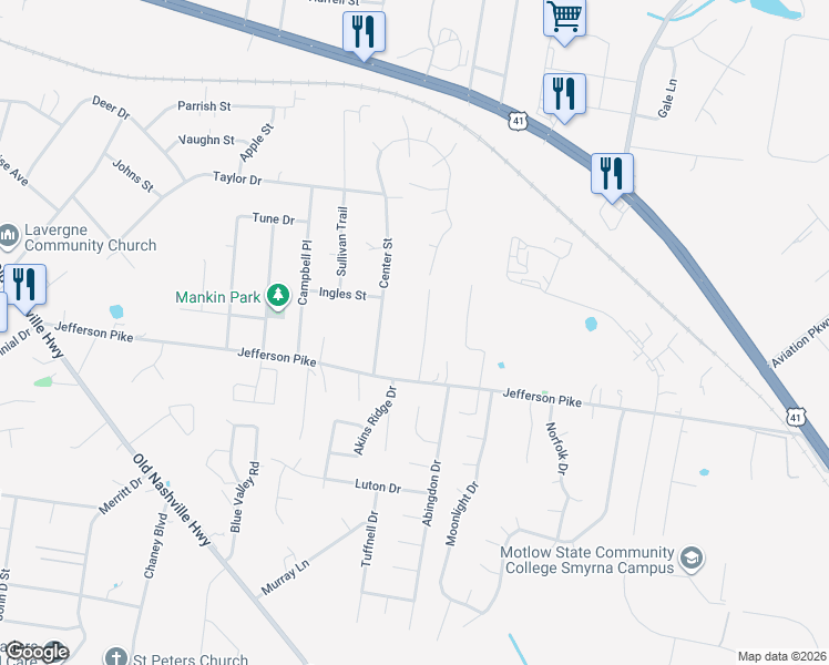 map of restaurants, bars, coffee shops, grocery stores, and more near 120 Miller Drive in La Vergne