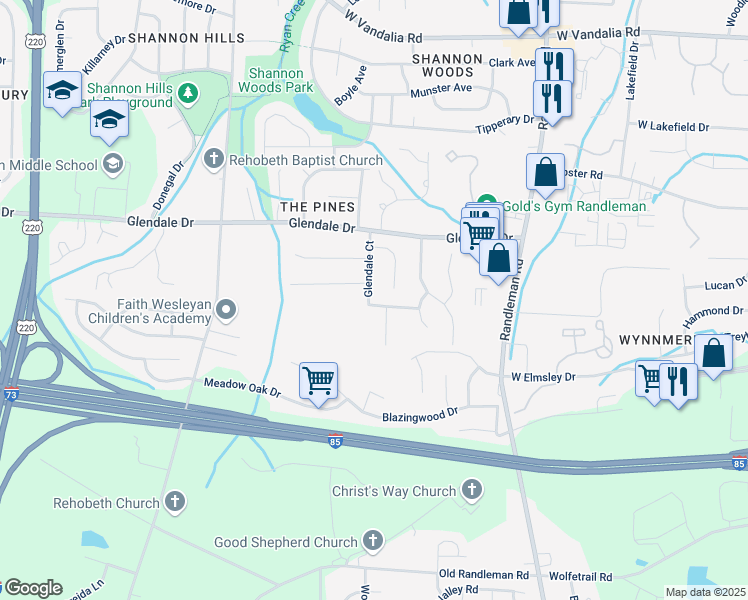 map of restaurants, bars, coffee shops, grocery stores, and more near 3917 Glendale Court in Greensboro
