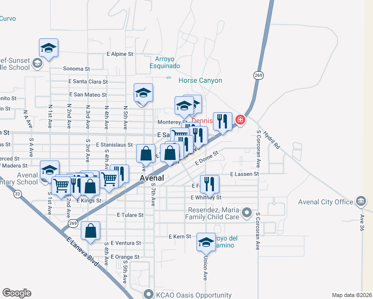 map of restaurants, bars, coffee shops, grocery stores, and more near 813 Skyline Boulevard in Avenal