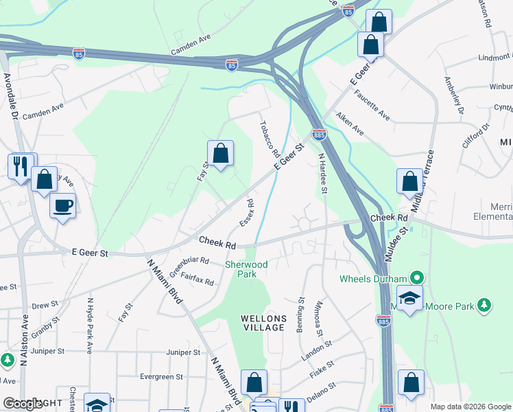 map of restaurants, bars, coffee shops, grocery stores, and more near 1928 Essex Road in Durham