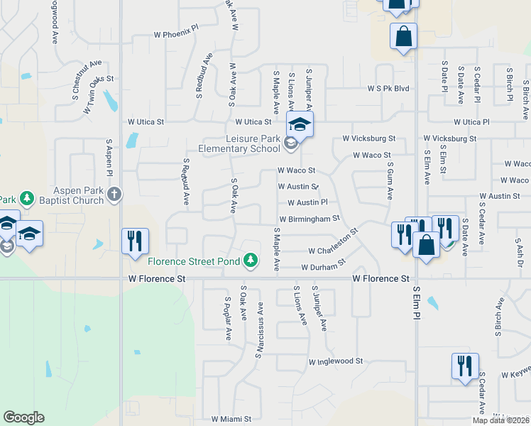 map of restaurants, bars, coffee shops, grocery stores, and more near 4519 South Narcissus Avenue in Broken Arrow