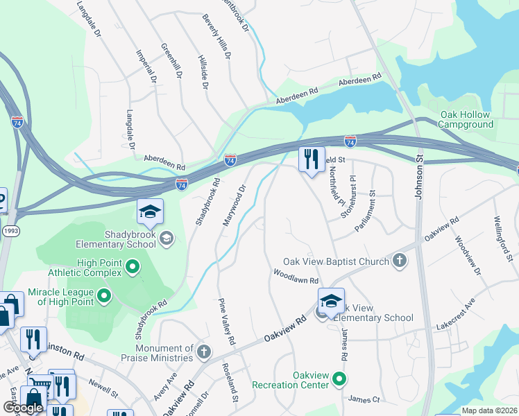 map of restaurants, bars, coffee shops, grocery stores, and more near 3525 Pine Valley Road in High Point