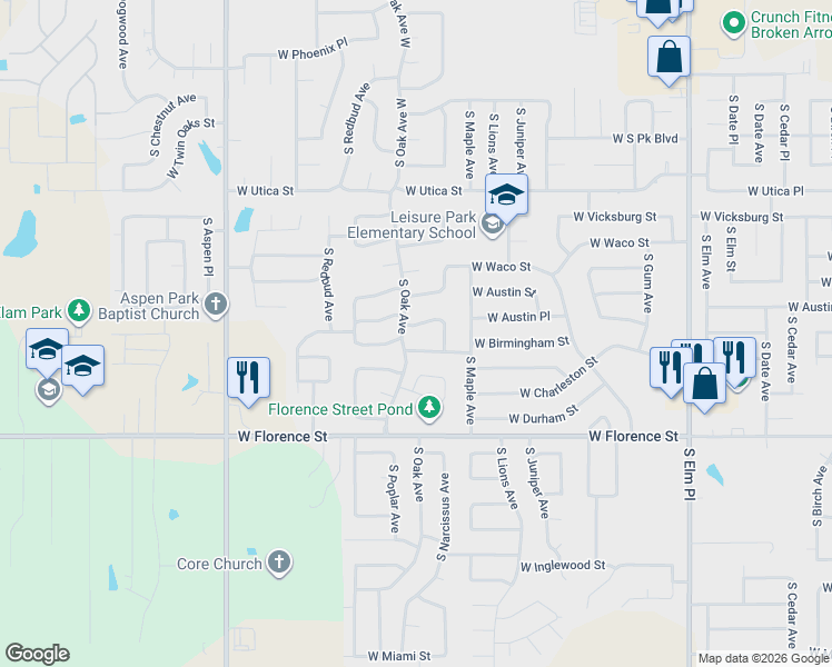 map of restaurants, bars, coffee shops, grocery stores, and more near 1607 West Austin Place in Broken Arrow