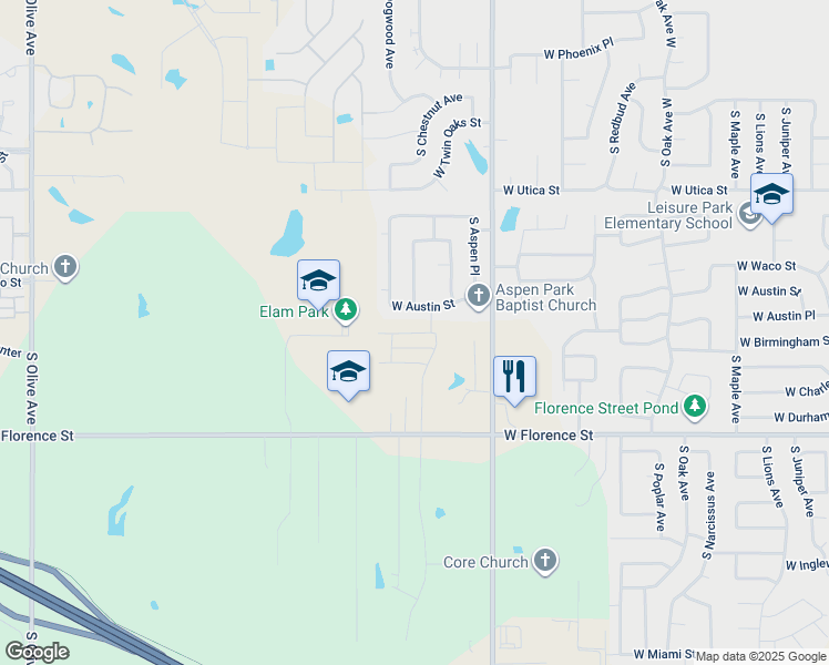map of restaurants, bars, coffee shops, grocery stores, and more near 2317 West Austin Street in Broken Arrow