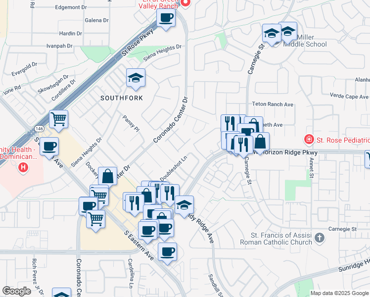 map of restaurants, bars, coffee shops, grocery stores, and more near 572 Dusty Pines Place in Henderson