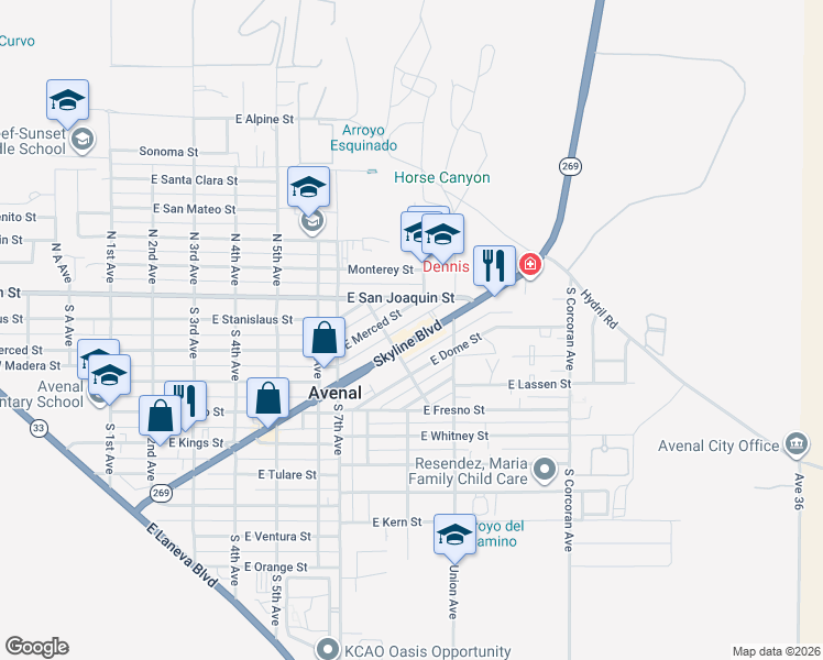 map of restaurants, bars, coffee shops, grocery stores, and more near 813 Skyline Blvd in Avenal