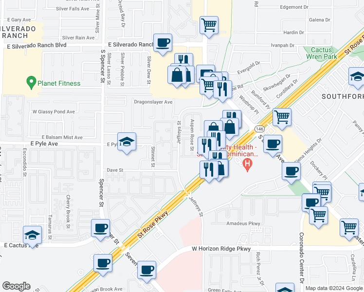map of restaurants, bars, coffee shops, grocery stores, and more near 10108 Sunset Palisades Way in Las Vegas