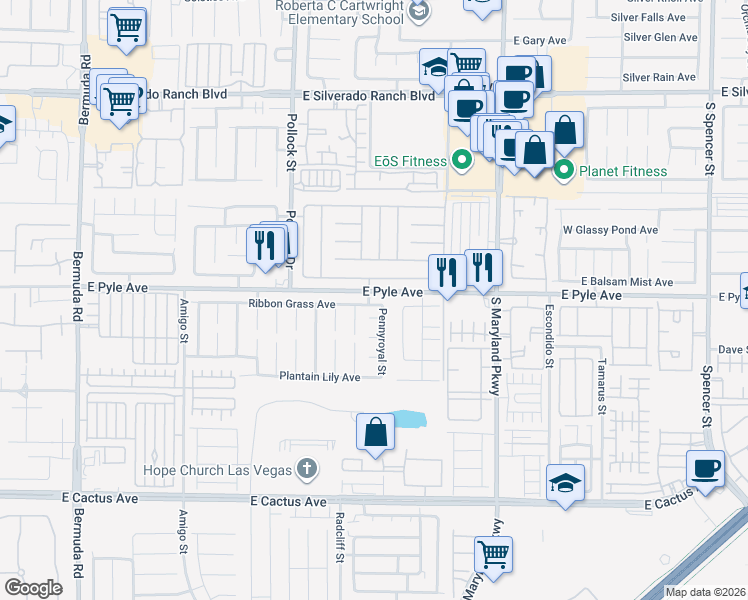 map of restaurants, bars, coffee shops, grocery stores, and more near 10110 Pennyroyal Street in Las Vegas