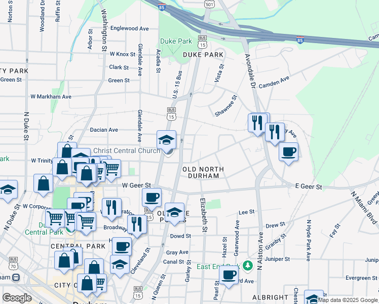 map of restaurants, bars, coffee shops, grocery stores, and more near 120 East Seeman Street in Durham