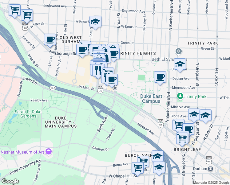 map of restaurants, bars, coffee shops, grocery stores, and more near 610 Broad Street in Durham