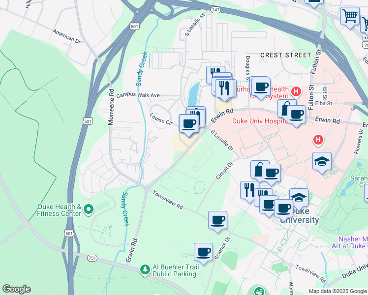 map of restaurants, bars, coffee shops, grocery stores, and more near 2816 Lambeth Circle in Durham