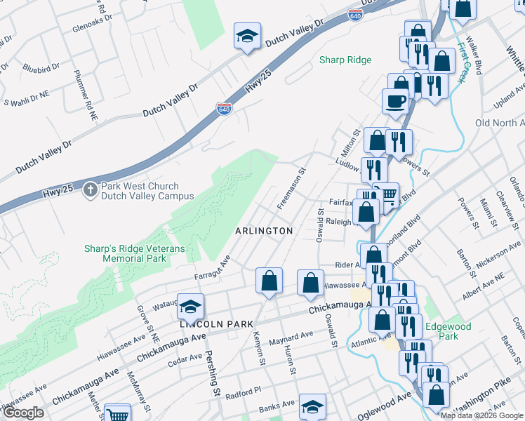 map of restaurants, bars, coffee shops, grocery stores, and more near 918 Farragut Avenue in Knoxville