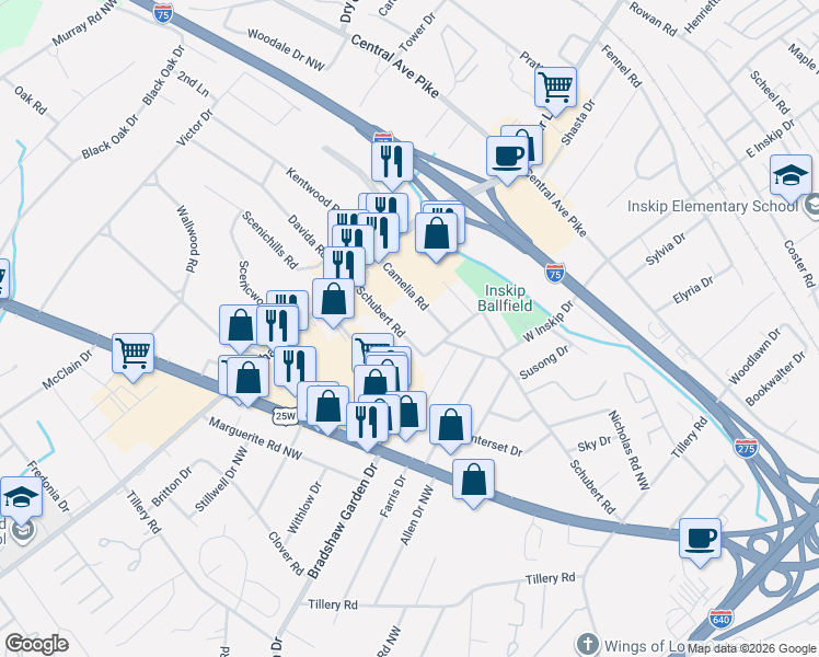 map of restaurants, bars, coffee shops, grocery stores, and more near 5112 Schubert Road in Knoxville