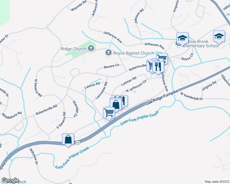 map of restaurants, bars, coffee shops, grocery stores, and more near 198 Latimer Road in Oak Ridge