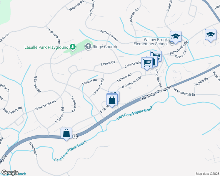 map of restaurants, bars, coffee shops, grocery stores, and more near 198 Latimer Road in Oak Ridge