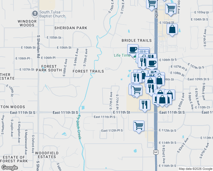 map of restaurants, bars, coffee shops, grocery stores, and more near 7419 East 109th Street in Tulsa
