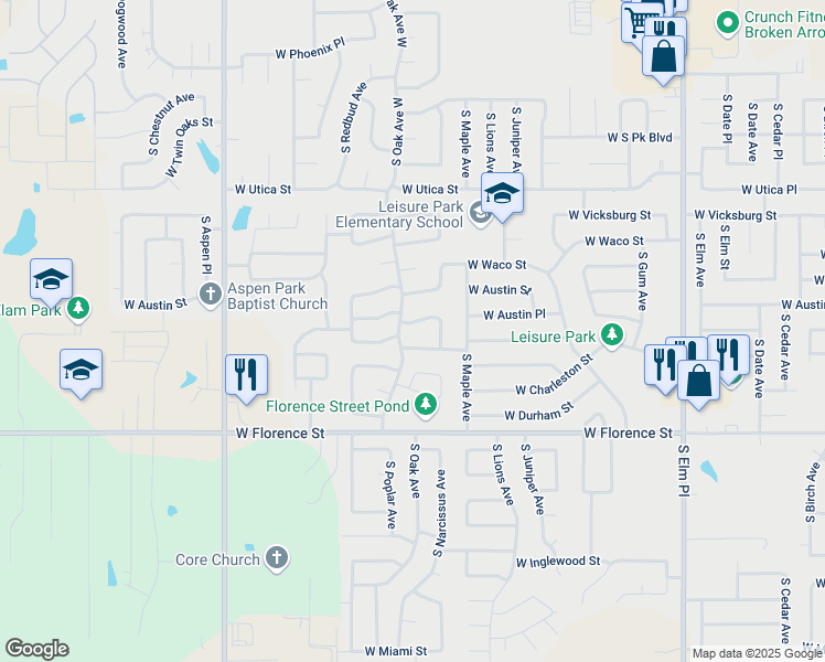 map of restaurants, bars, coffee shops, grocery stores, and more near 1607 West Austin Place in Broken Arrow