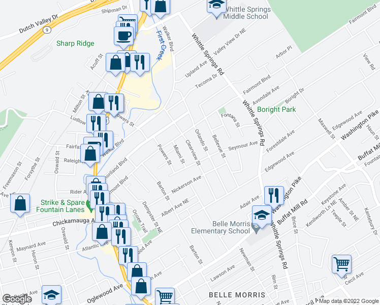 map of restaurants, bars, coffee shops, grocery stores, and more near 3321 Clearview Street in Knoxville