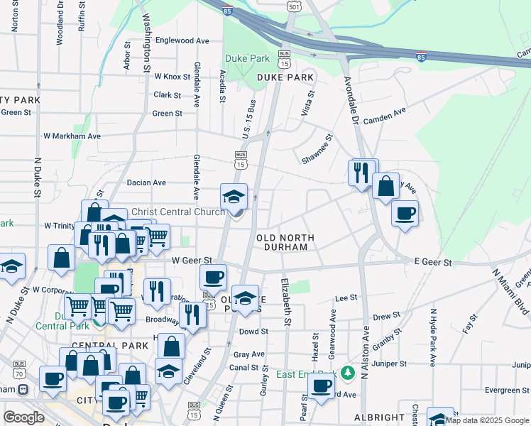 map of restaurants, bars, coffee shops, grocery stores, and more near 120 East Seeman Street in Durham