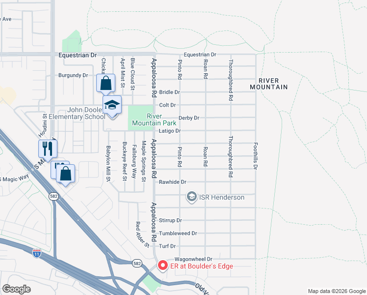 map of restaurants, bars, coffee shops, grocery stores, and more near 1541 Mustang Drive in Henderson