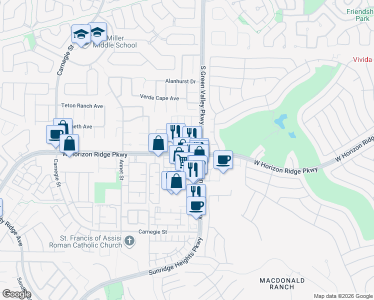 map of restaurants, bars, coffee shops, grocery stores, and more near 2214 West Horizon Ridge Parkway in Henderson