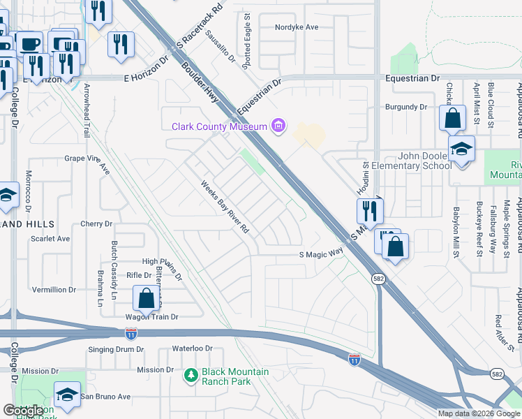 map of restaurants, bars, coffee shops, grocery stores, and more near 1010 Lone Pine River Avenue in Henderson