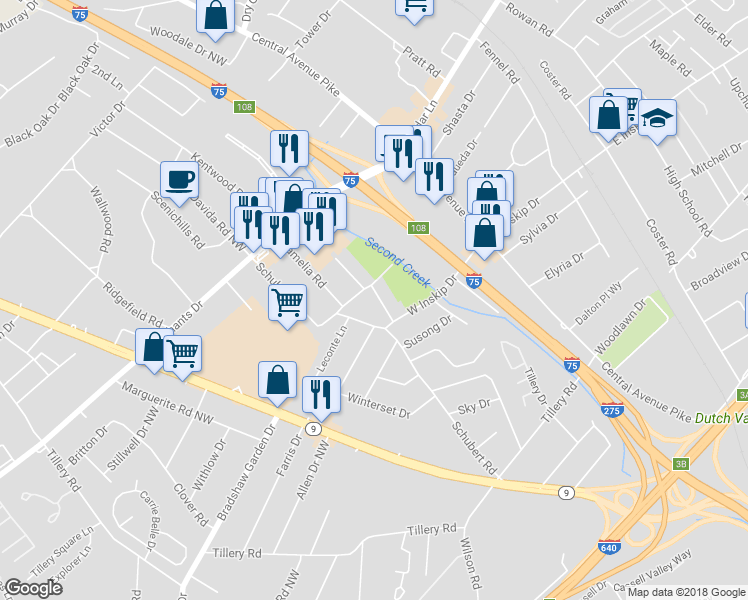 map of restaurants, bars, coffee shops, grocery stores, and more near 5013 Wilford Road in Knoxville