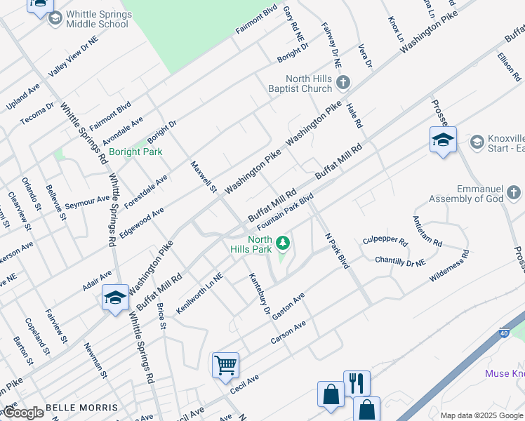 map of restaurants, bars, coffee shops, grocery stores, and more near 2931 Buffat Mill Road in Knoxville