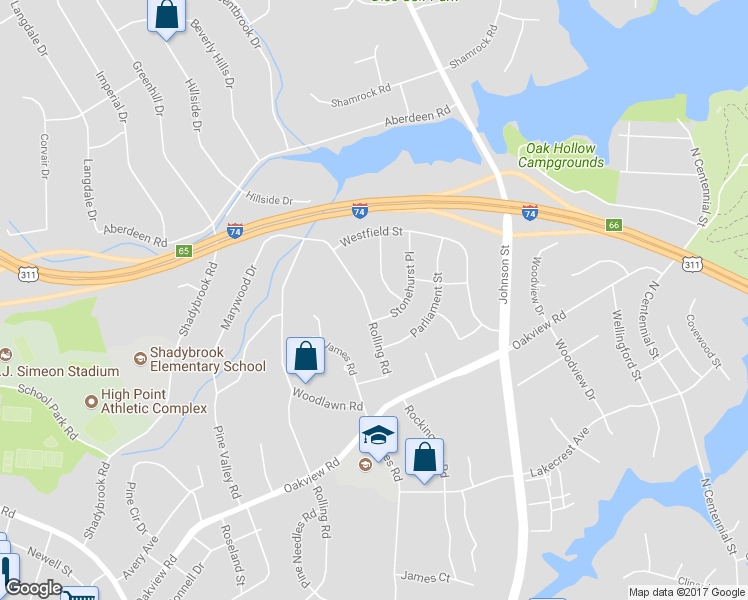 map of restaurants, bars, coffee shops, grocery stores, and more near 3733 Rolling Road in High Point