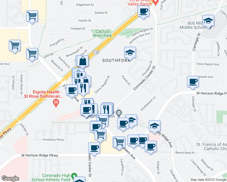 map of restaurants, bars, coffee shops, grocery stores, and more near 686 Turtlewood Place in Henderson