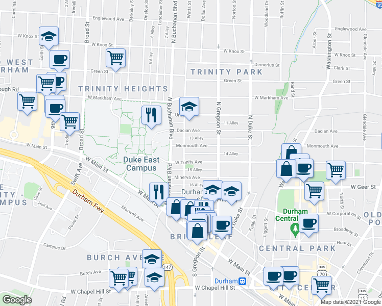 map of restaurants, bars, coffee shops, grocery stores, and more near 1025 14 Alley in Durham