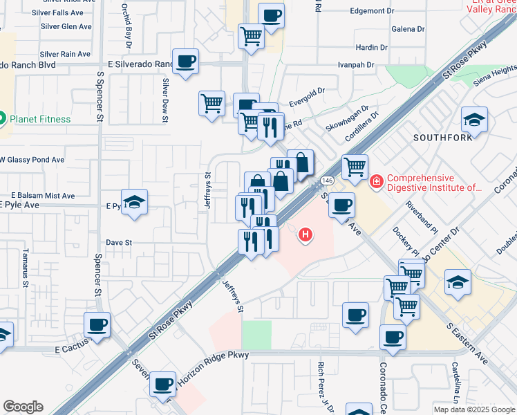 map of restaurants, bars, coffee shops, grocery stores, and more near 2960 Saint Rose Parkway in Henderson