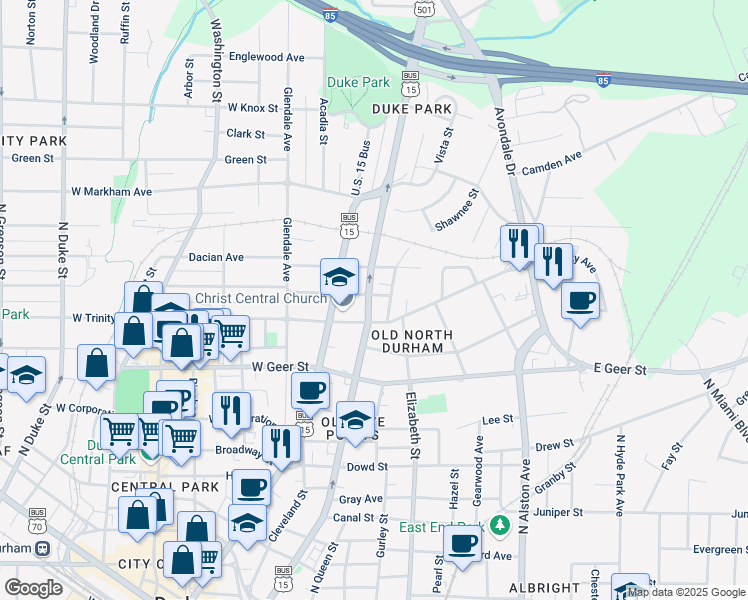 map of restaurants, bars, coffee shops, grocery stores, and more near 120 East Seeman Street in Durham