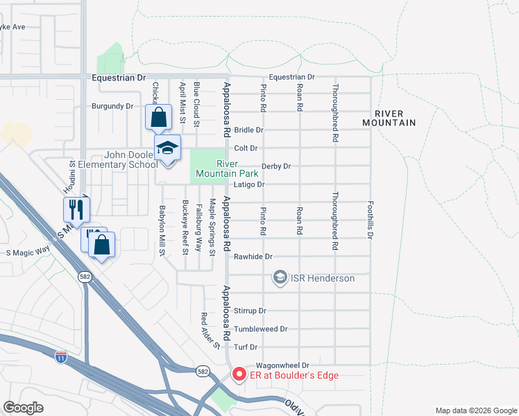 map of restaurants, bars, coffee shops, grocery stores, and more near 1541 Mustang Dr in Henderson
