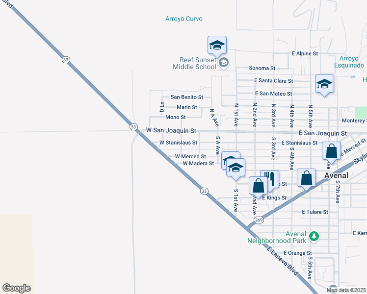 map of restaurants, bars, coffee shops, grocery stores, and more near C Avenue in Avenal