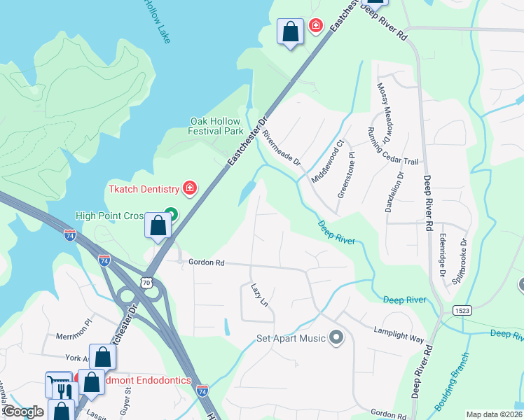map of restaurants, bars, coffee shops, grocery stores, and more near 1900 Lazy Lane in High Point