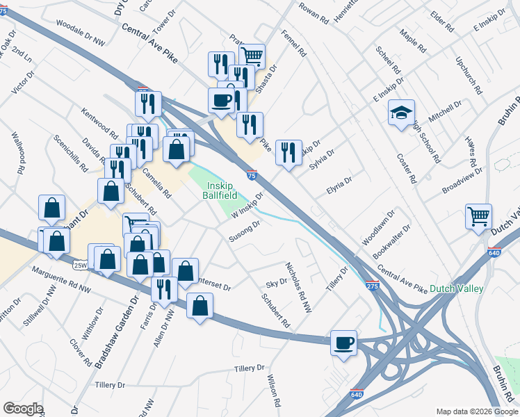 map of restaurants, bars, coffee shops, grocery stores, and more near 212 West Inskip Drive in Knoxville