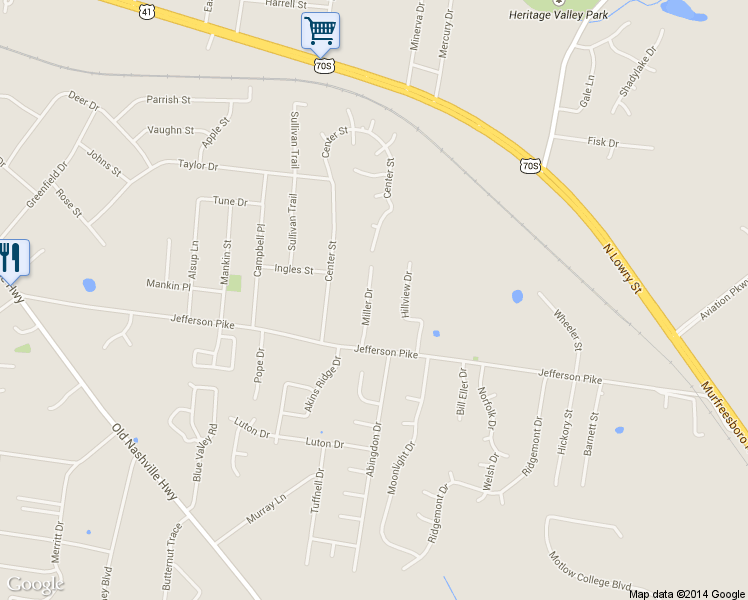 map of restaurants, bars, coffee shops, grocery stores, and more near 120 Miller Drive in La Vergne