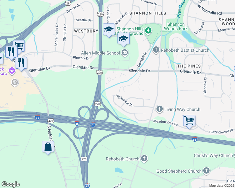 map of restaurants, bars, coffee shops, grocery stores, and more near 1112 Highstone Drive in Greensboro